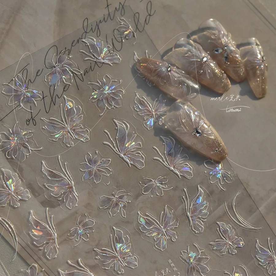 White Transparent Butterfly High Quality Shell Light Fragment Flash Nail Stickers Nail Art Decoration Decals Design MS-643