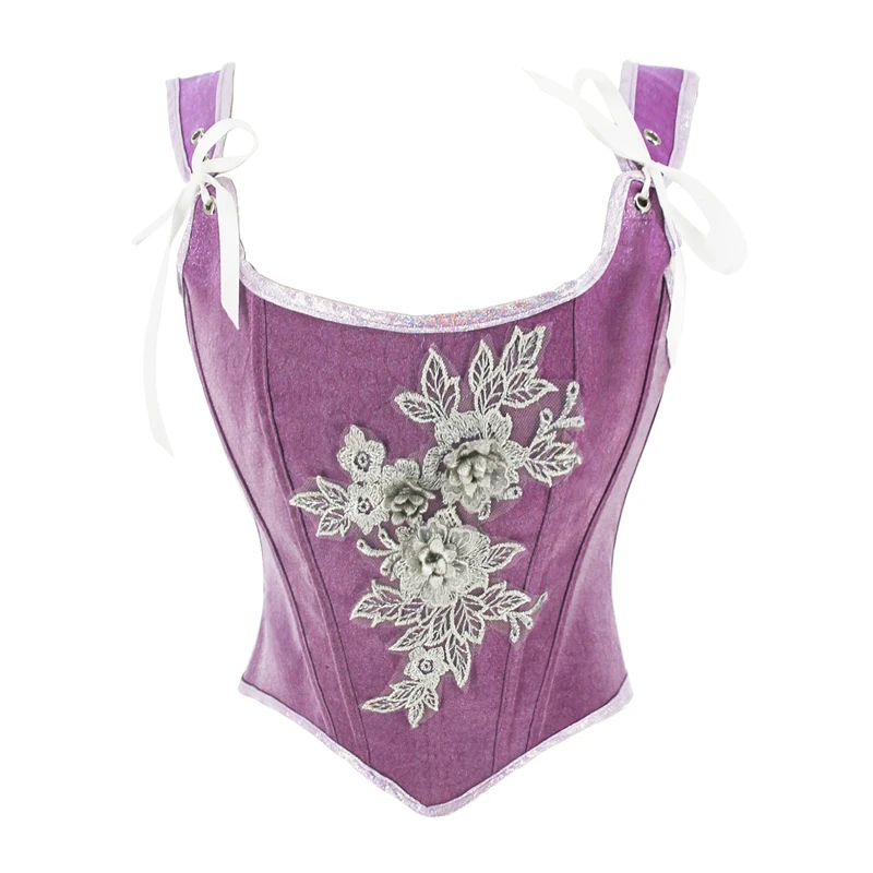 Corsetto vintage con lacci Crop Top Donne sexy Cinghie viola Corsetti overbust floreali Body shaper gotico Lingerie Bustier