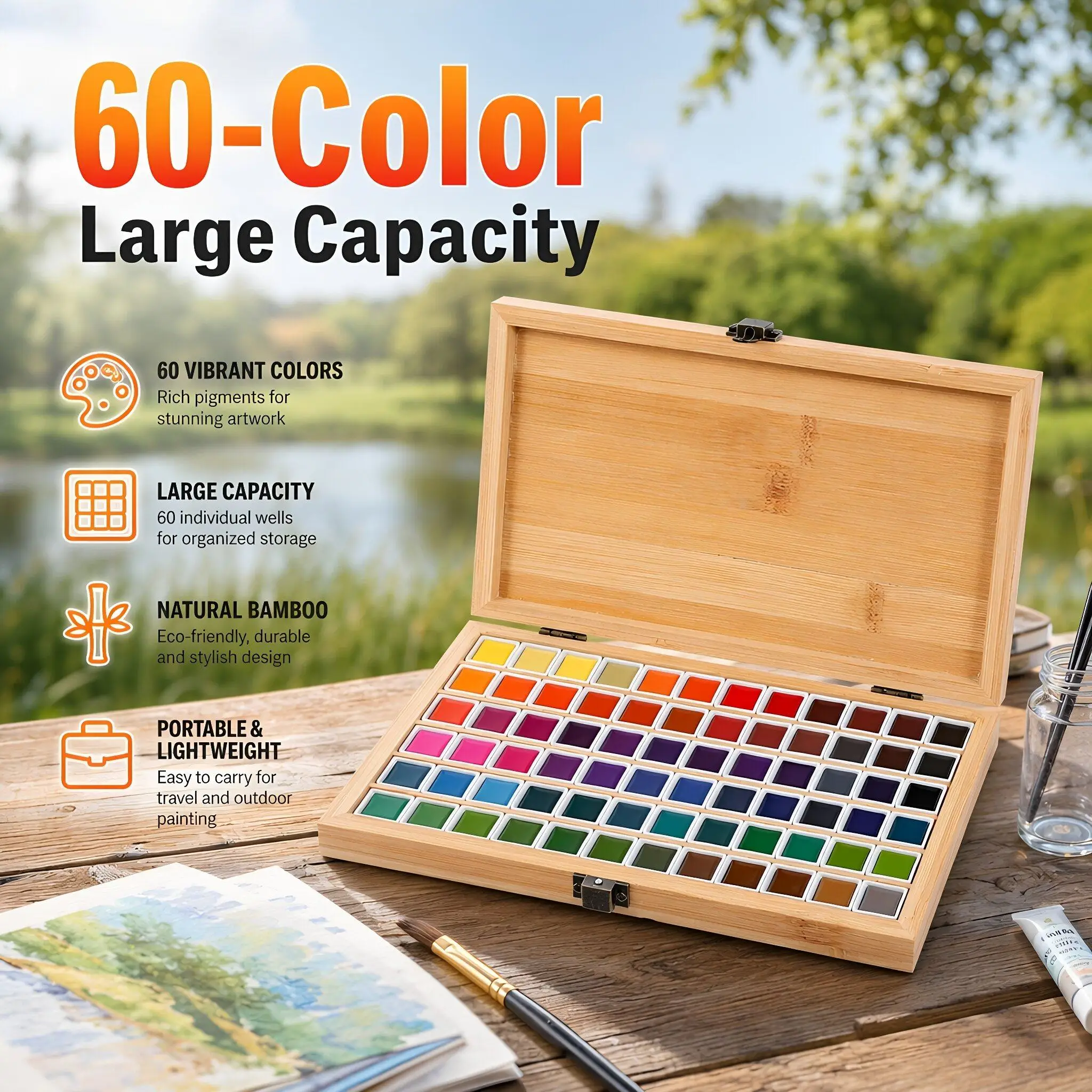 Bamboo Watercolor Paint Palette Set: 60 Empty Half Pans Paint Storage Box Lightweight Travel Paint Tray Painting Art Palette
