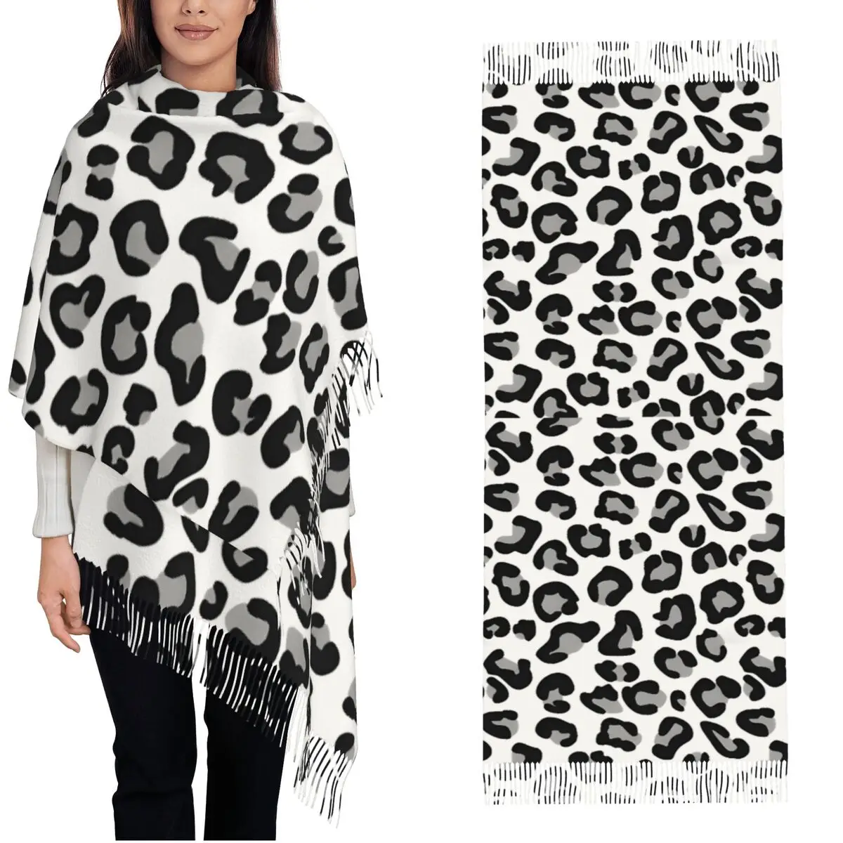 

Leopard Print In Black And White With Gray Scarf with Tassel Keep Warm Shawls and Wraps Ladies Large Scarves Autumn Bufanda