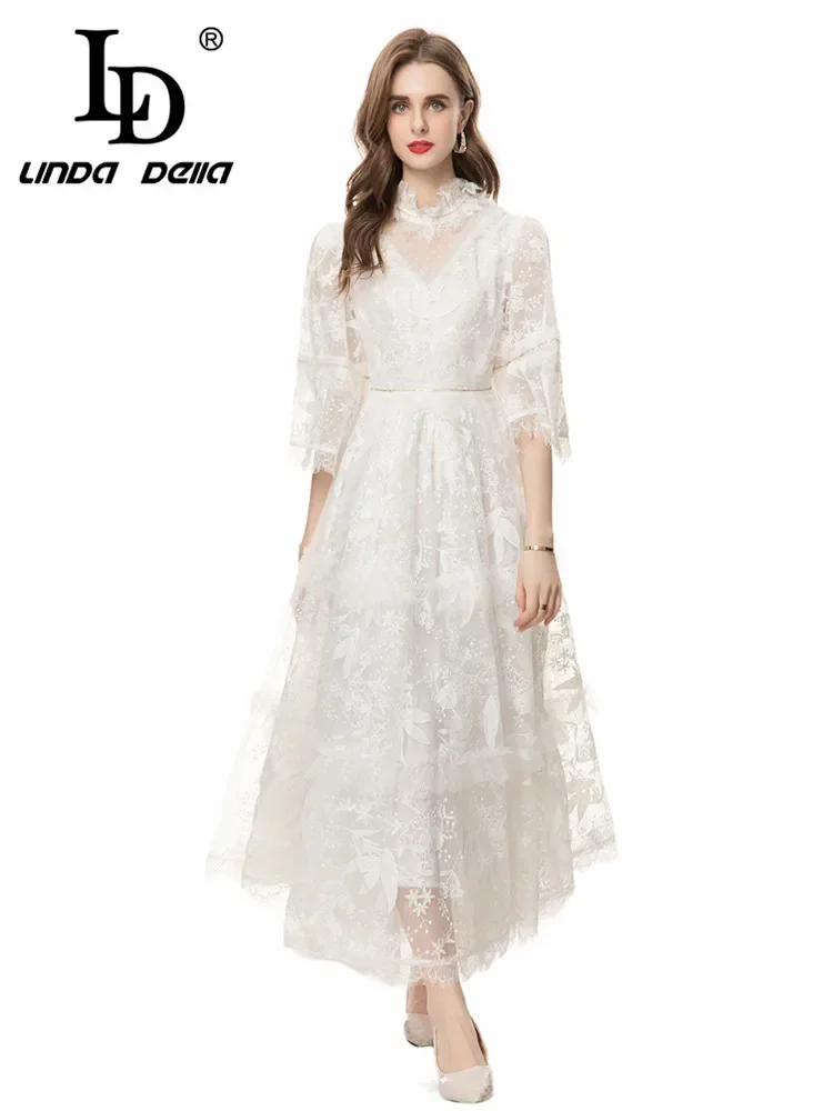 LD LINDA DELLA Summer Runway Elegant Party Dress Women's Net Yarn Embroidery Cutout Lace Trim Hem Handmade Pearl Diamond Dresses