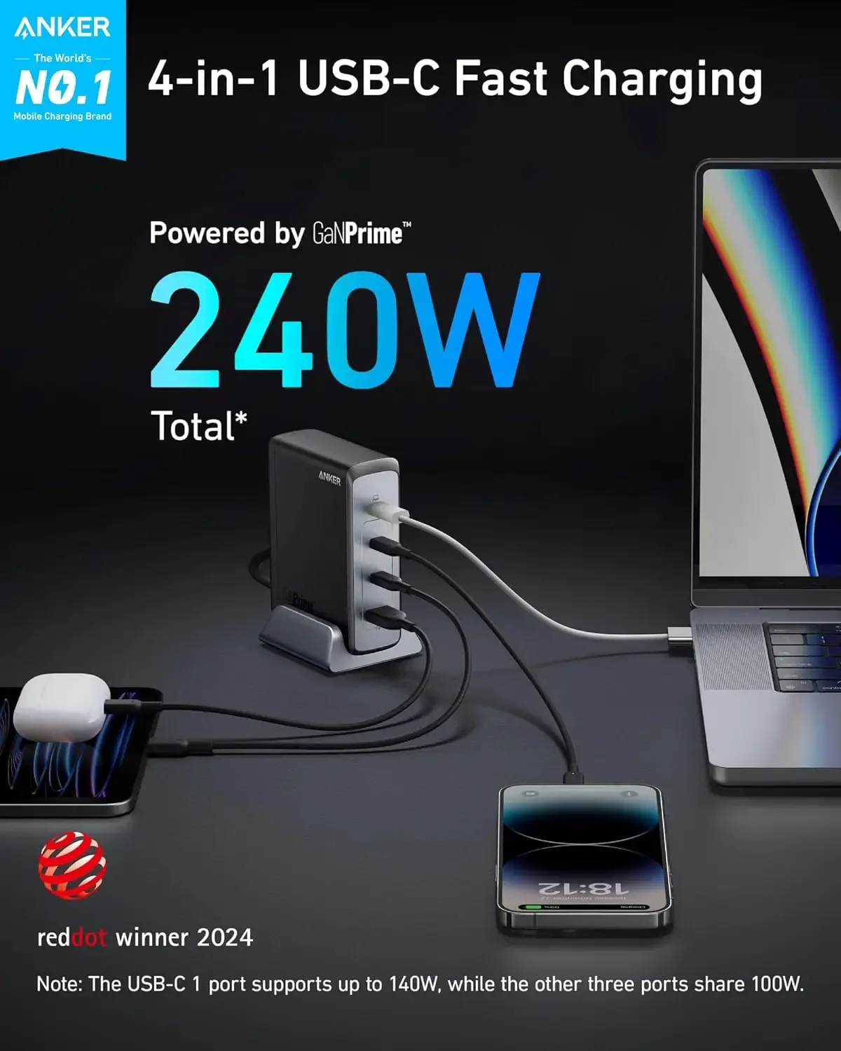 Ładowarka USB C Prime 240 W, ładowarka Anker GaN, 4-portowa, szybka, kompaktowa ładowarka GaN do MacBook Pro/Air, iPhone 16/15/Pro, iPad Pro, De