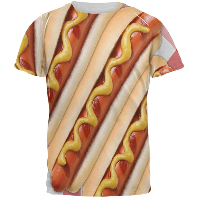 

summer 3D Printed Hot Dog T-Shirt Funny Delicious Food Graphic Casual Harajuku Style Streetwear Top for Men Women