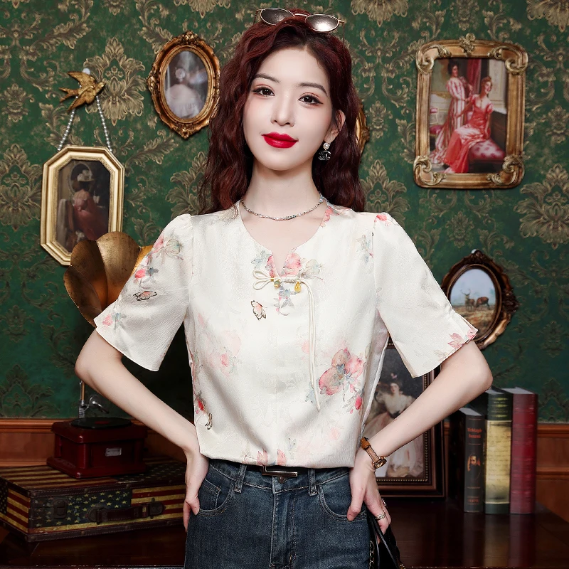 Summer Short Sleeve V-Neck Women Shirt New Fashion Print Chiffon Shirt Blouse Women Tops Blusas Mujer De Moda 2024 Verano H781