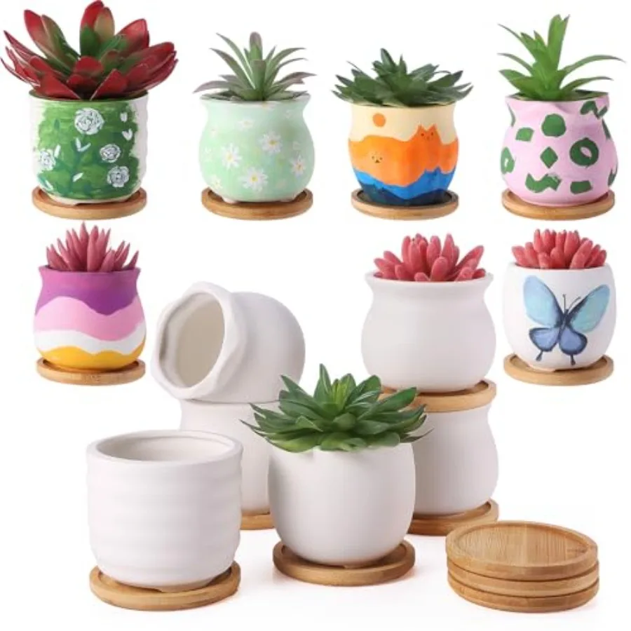 

Набор из 18 мини-горшков для суккулентов (3,5 дюйма) с бамбуковым поддоном, белые керамические горшки для самостоятельной раскраски, маленькие кашпо для цветов