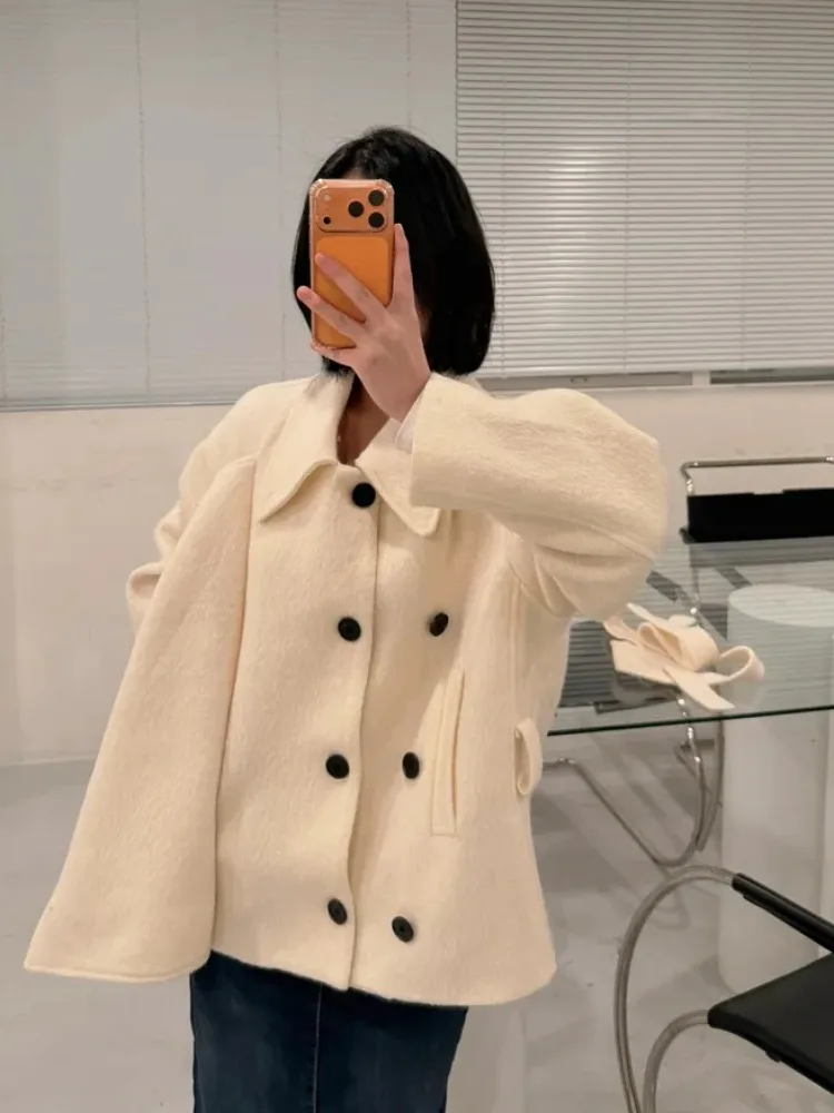 Briti Sle مزدوجة الصدر لون نقي معطف صوفي المرأة شتاء جديد صغير الحجم مربوط تريكو علوي Faionable الشارع Sle #5