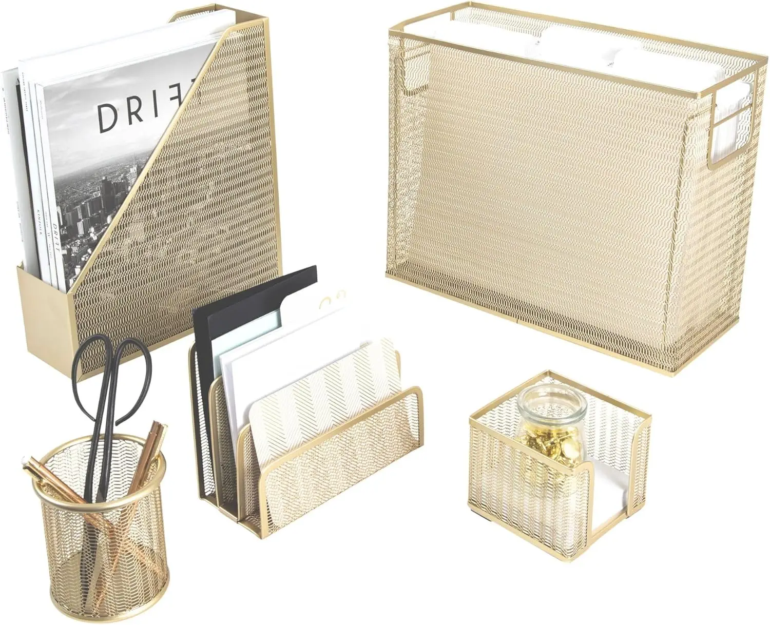 

Gold Desk Organizer Set - 5-Piece Office Accessories with Hanging File Holder & Boho Décor for Women
