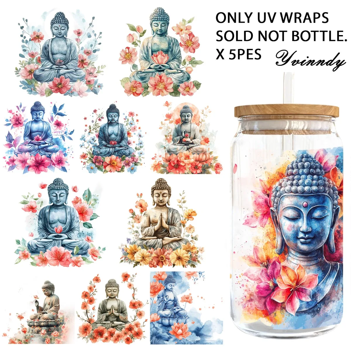 5PCS/Set Of 16OZ UV DTF DIY Transfer Paper - Flowers And Buddha Statues UV DTF Waterproof Film (Excluding Water Cup)