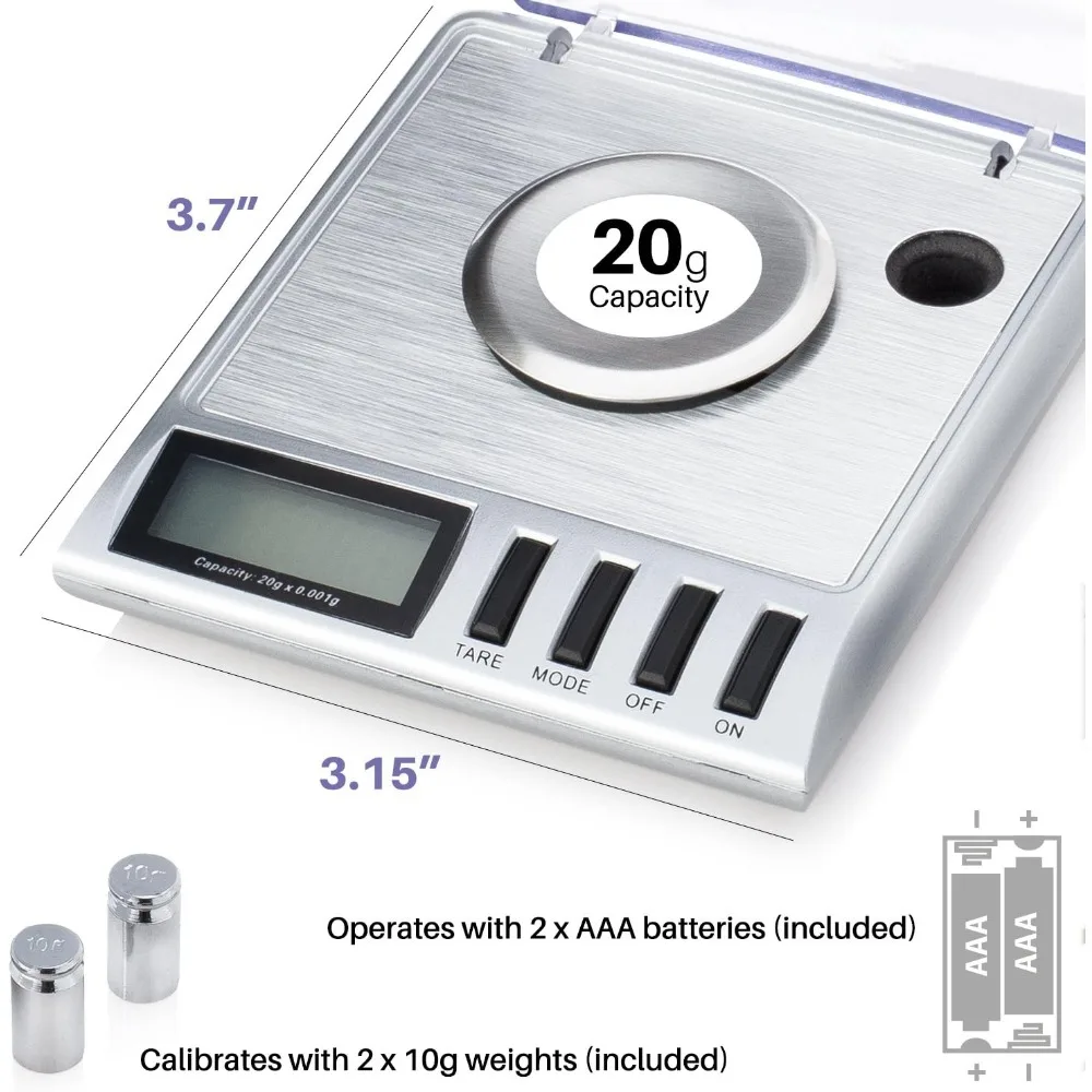 High Precision Digital Milligram Scale, 20g x 0.001g, with Calibration Weights and Tweezers for Jewelry and Gems - Detail 1