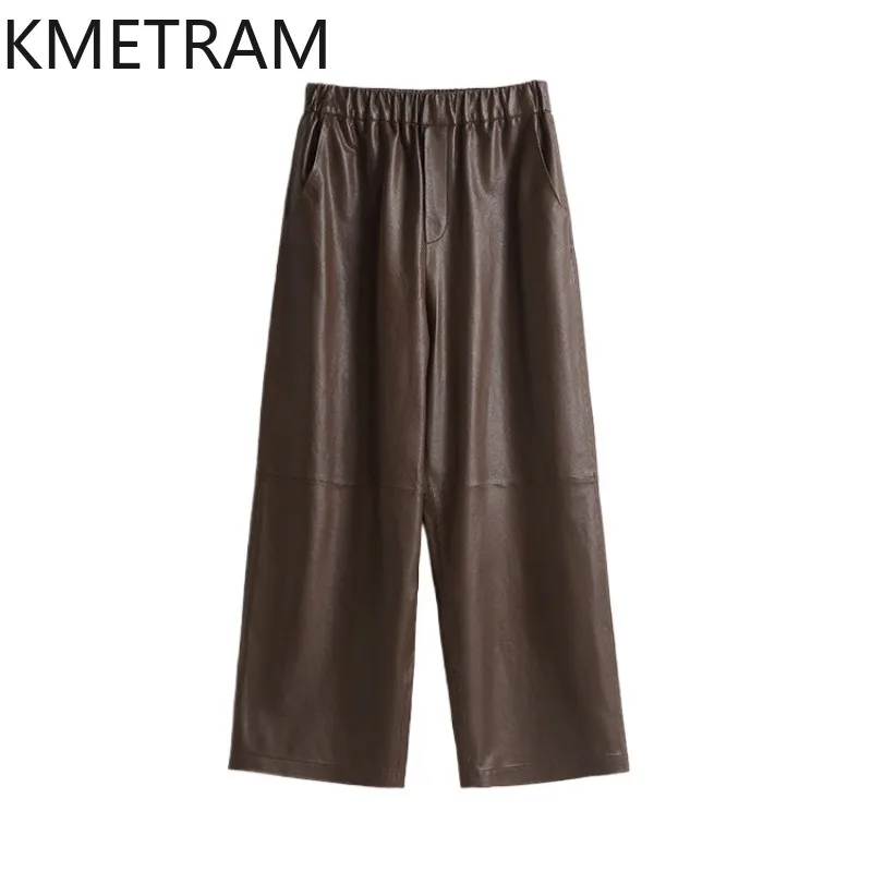 KMETRAM Genuine Leather Pant Slim Straight Cropped Trousers Full Vegetable Tanned Sheepskin Pants for Woman Pantalones Baggy