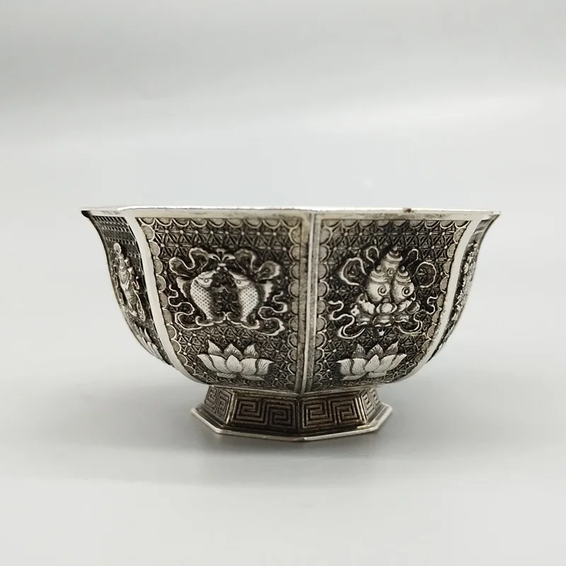 Antique Style Eight Treasures Offering Retro Home Decor Craft Ornament Octagonal Bowl
