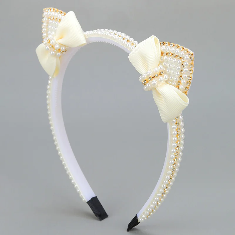 Fashion Rhinestone Headband Girls Ribbon Bow Hair Hoop Headwear Elegant Pearl Cat Ears Hairbands Kids Hair Accessories