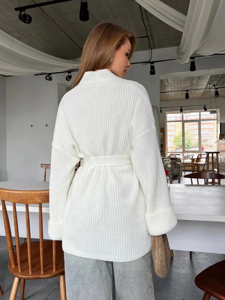 Women's Ribbed Lace-Up Knit Cardigan Coat with V-Neck
