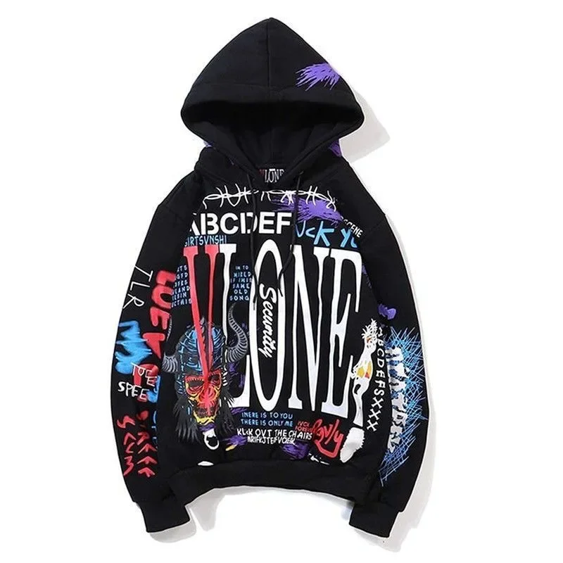 2024 Autumn and Winter Hot Sale VLONE Graffiti 3d Printing Sweater Boys Personality Trendy Brand Pullover Hoodie Streetwear