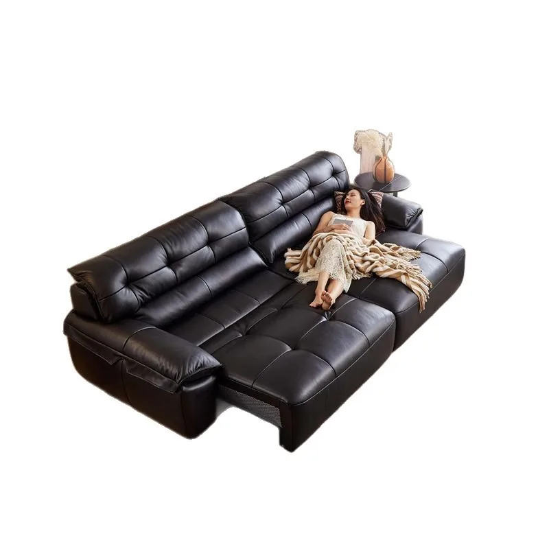 Modern minimalist vintage style first-grain cowhide sofa, living room vertical row multifunctional telescopic genuine leather