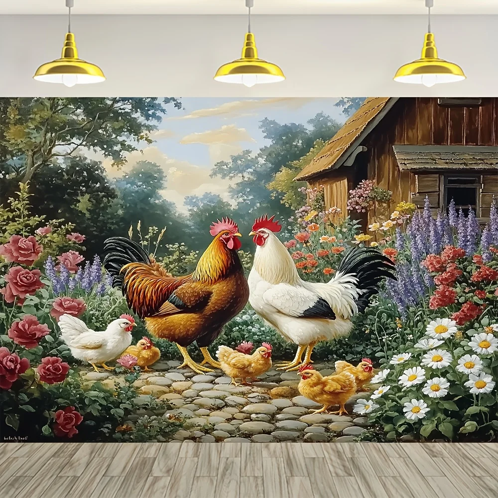 Farmyard Chickens And Flowers Tapestry Wall Hanging Art Decor Rustic Garden Scene With Roosters Hens For Living Room Bedroom