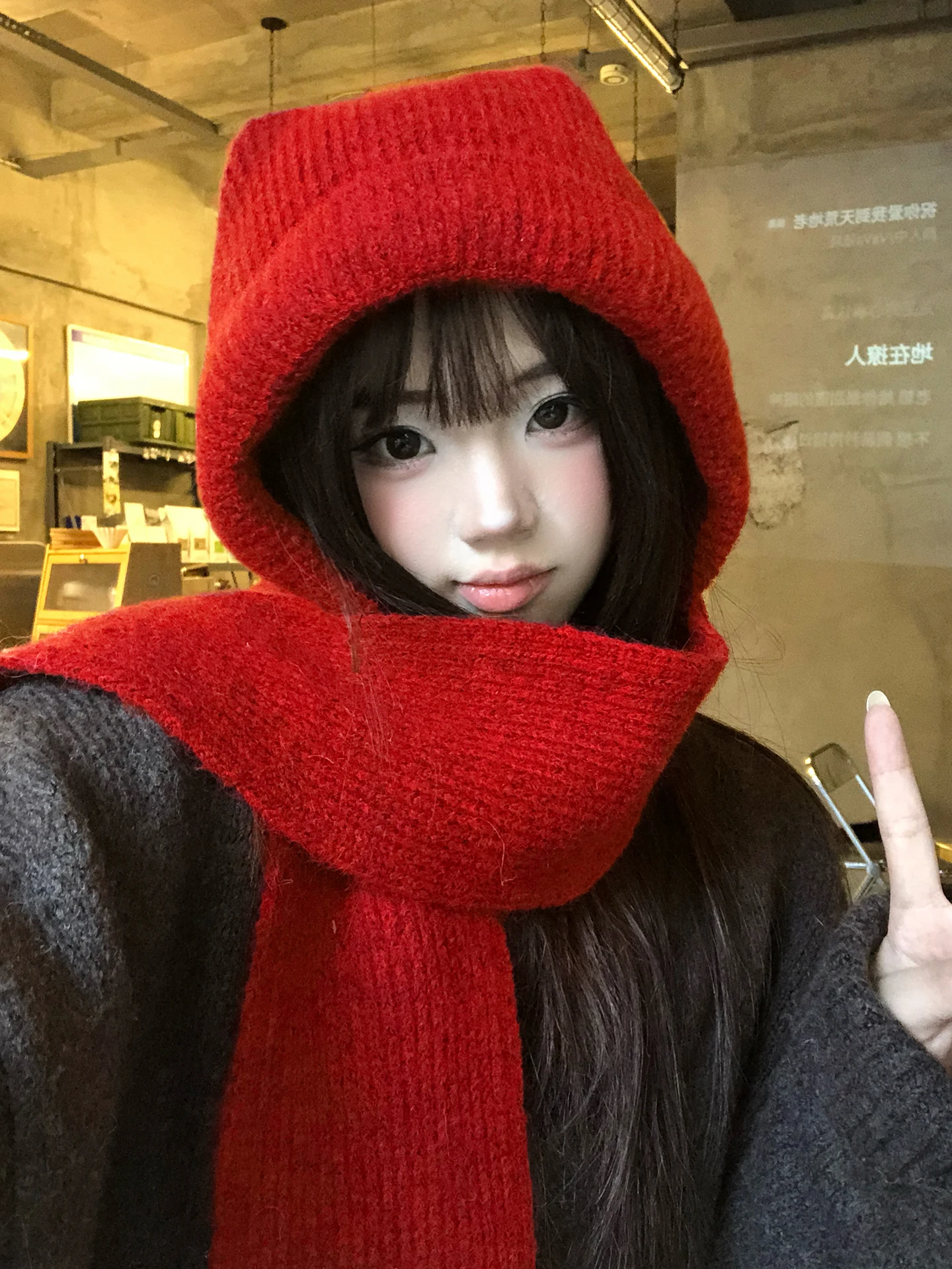 New Year Red Knitted Hat Scarf  Women's Winter Warm Cold Proof Face Slimming Balaclava Cap Casual Non-Adjustable Kni...