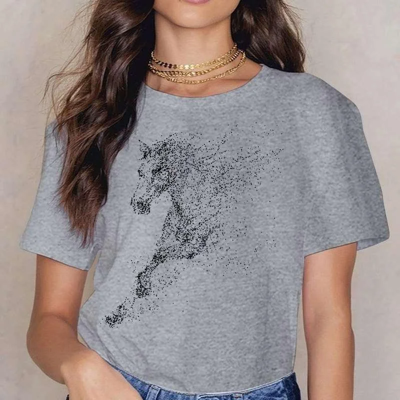 Fashion Horse Print T-shrits For Women Summer Short Sleeve Round Neck Cute Loose T-shirt Creative Personalized Tops