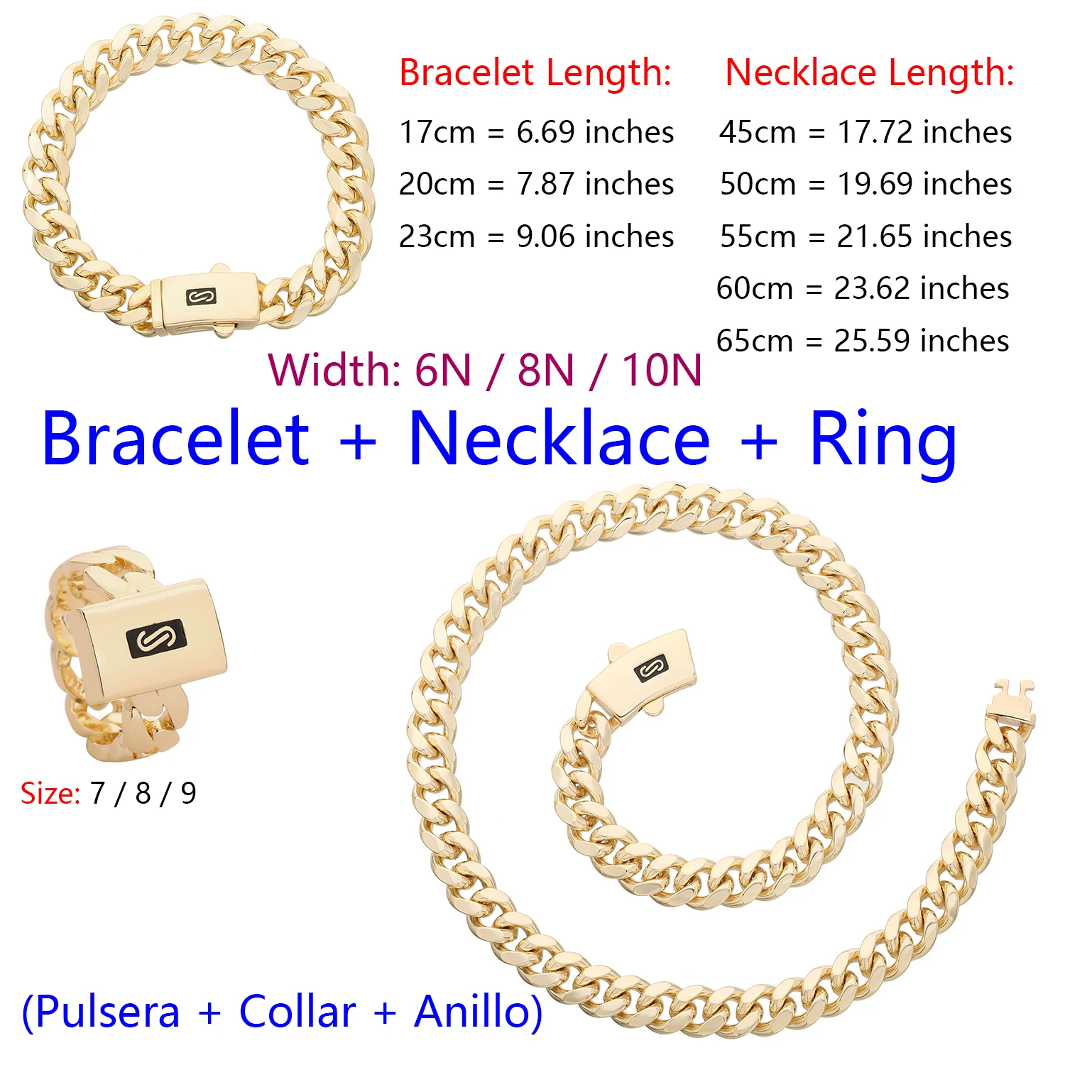 Gold Cuban Bracelet Necklace Ring 3-Piece Set, 6N/8N/10N Width, 7/8/9 Ring Size, 6/7/9/17/19/21/23/ Inch Chain, Unisex Gift Accessory