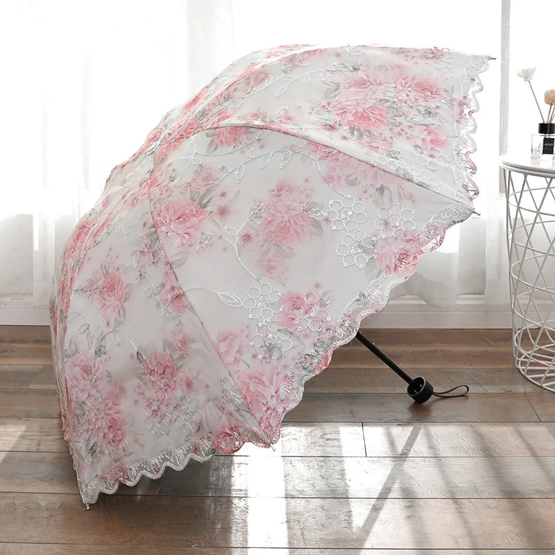 3 Folding Women Lace Rain Umbrella Strong Windproof Anti UV Luxury Paraguas Sun Protection Outdoor Sunny Rainy Parasol Gift