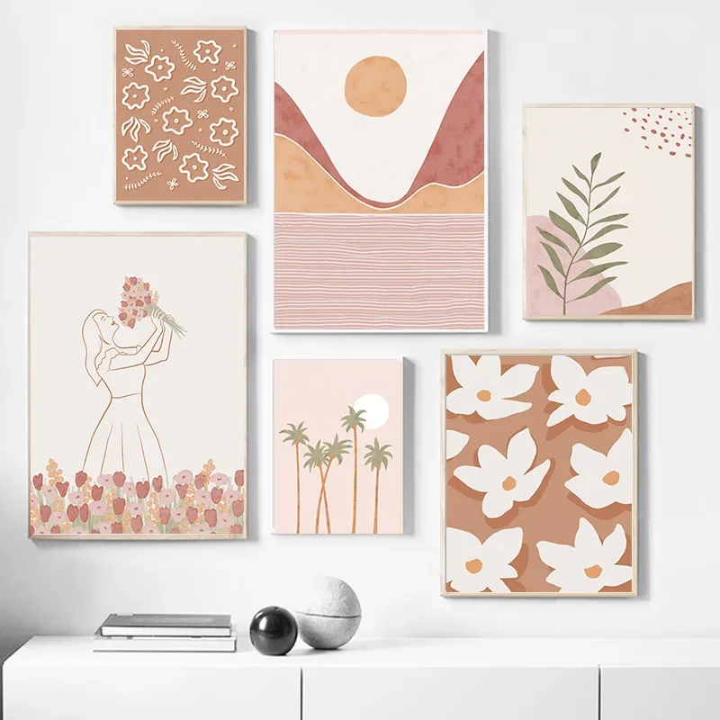 1pc frameless Canvas Painting Boho Mountain Sun Line Girl Flower Leaves Wall Art Canvas Painting Minimalist Posters And  Prints