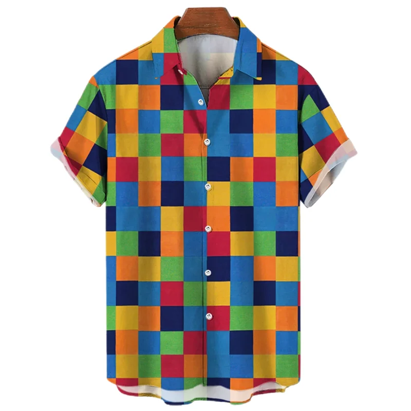 Funny Puzzle Design Short Sleeve Shirts For Men Clothes Colorful Joint Female Blouses Splicing Block Kids Lapel Blouse Y2k Tops