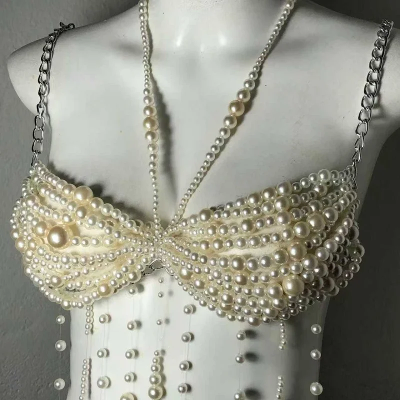 Damen-Body-Kette mit Kunstperlen, Seestern- und Muscheldesign, Quasten, handgefertigtes, mit Perlen besetztes Oberteil, verstellbare Rückenkette, Körperschmuck für den Strand – Detail 3