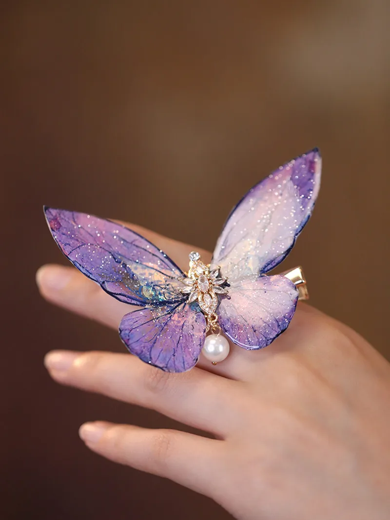 FXLRY Original Design Handmade Purple Butterfly Beak Clip Hhairpin Eedge Clip Hair Accessories