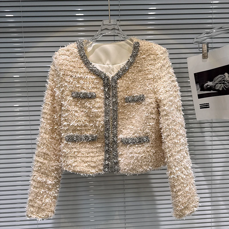 Modna odzież przemysłowa, wiertarka do paznokci, krawędź, ocieplenie, krótka kurtka damska zimowa, nowa, okrągły dekolt, długi rękaw, dopasowany, elegancki płaszcz.