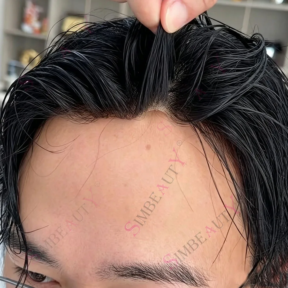 Undetectable 90-100%Density Super Natural Hairline Black Man's Wigs Human Hair 0.04mm Ultra Micro Thin Skin 1b80 Grey Men Toupee