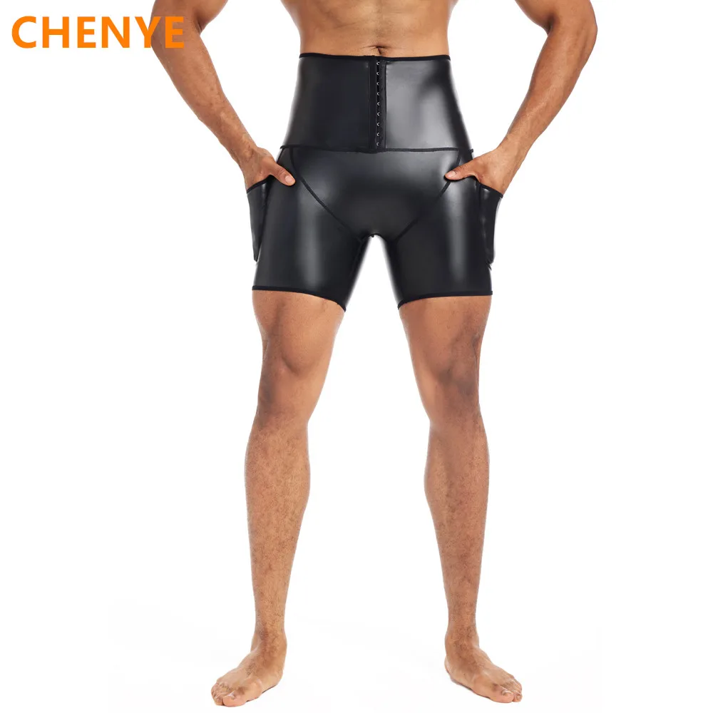 Stretch Faux Leather Pants Body Shapers Waist Trainer High Waist Abdomen 3 Hooks Compression Leather Shorts with Pockets