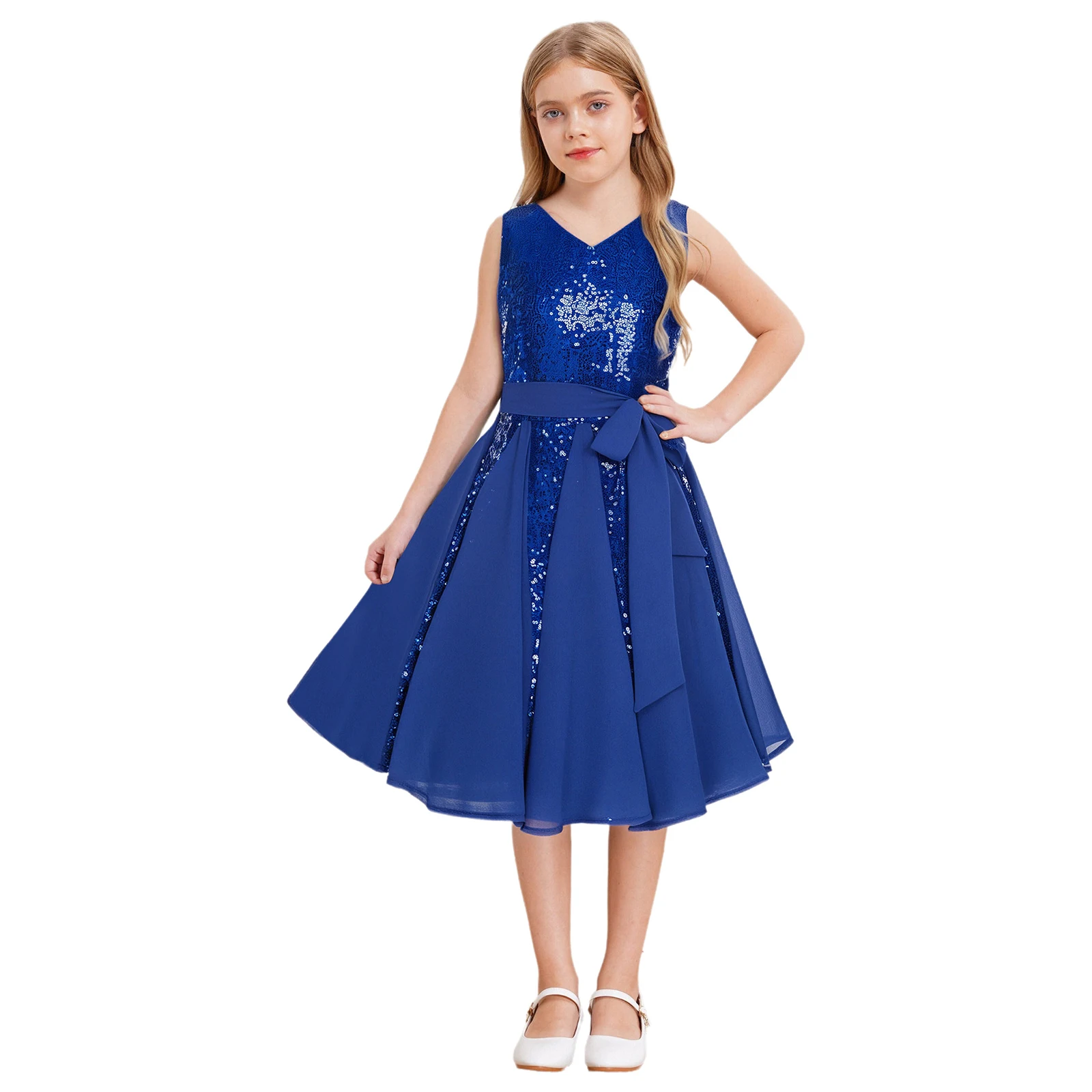 

Girls Sparkly Sequin Fancy Party Dress Sleeveless High Waist Chiffon Birthday Gown with Belt for Banquet Wedding Senior Prom