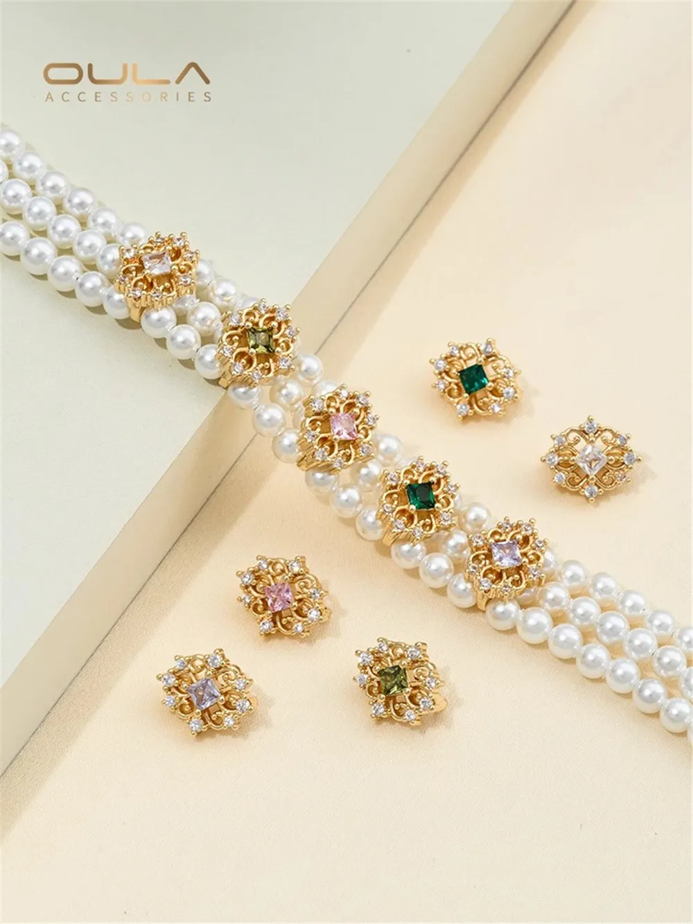 14K Gold-plated Lace Flower Shaped Three-Row Buckle Bead Jewelry Accessory with Separated Holes Zircon for DIY Handmade Crafts