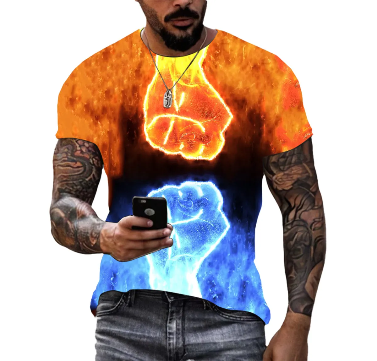 

Summer Hip Hop Flame Fist Boy T-Shirt 3d Hd Printed Large Silhouette Line Fashion Trend O Neck Personality Short Sleeve Clothing