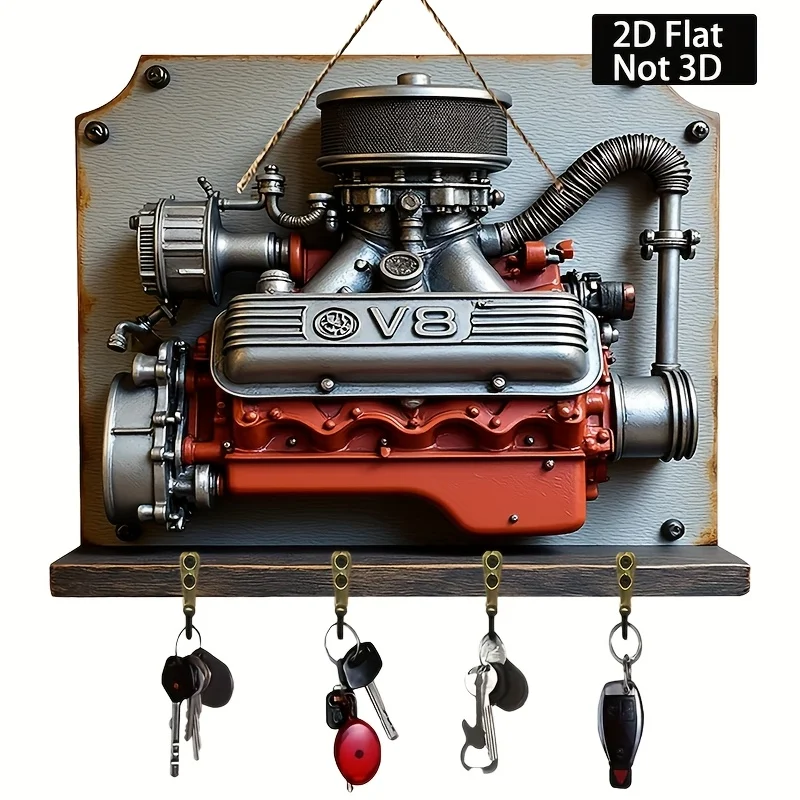 2D Flat, Vintage V8 Engine Key Holder with Four Metal Hooks - Red & Black Car Decor, Wall-Mounted Organizer for Home, Porch, or