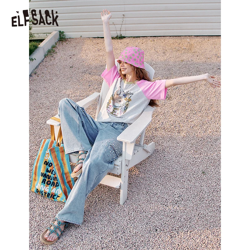 ELFSACK 2025 Summer New Arrivals Color Blocked Round Neck Loose Casual T-Shirt For Women