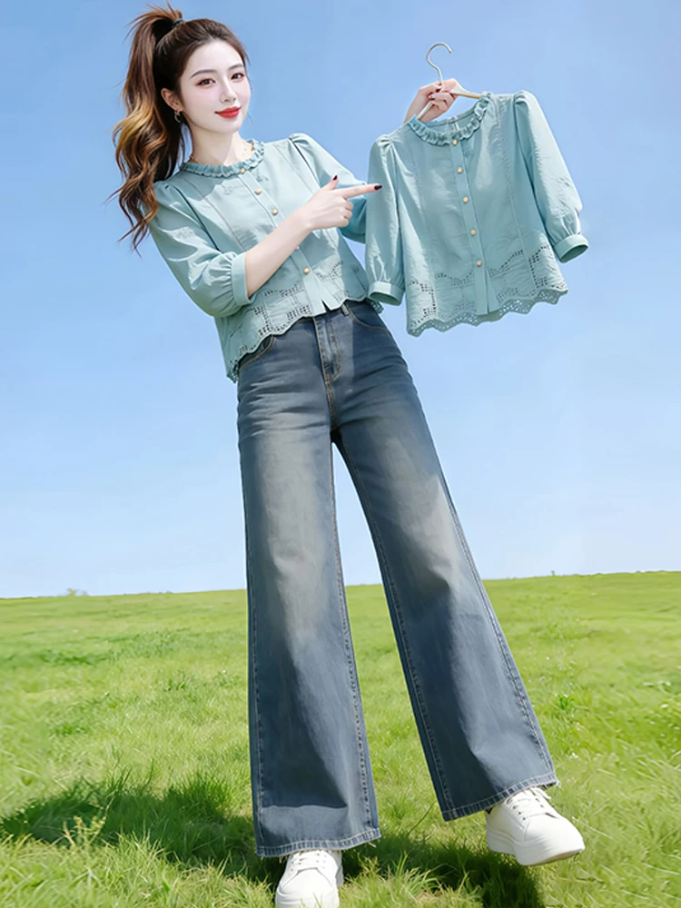 

Fashionable Korean Style Slim Fit Shirt Spring 2026 Sleeveless Top Women's Casual Loose Long Sleeve round Neck Button down