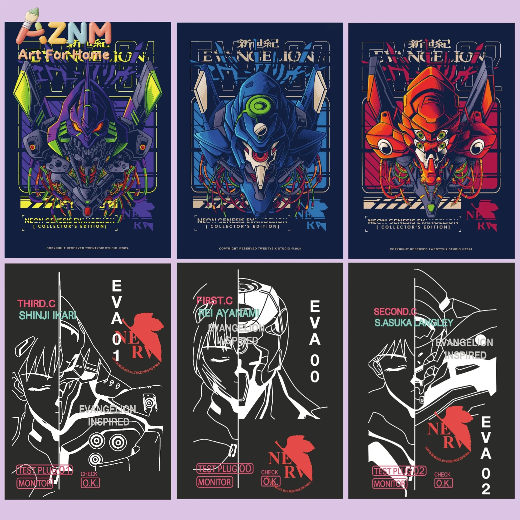 AZNM Neon Genesis Evangelion Canvas Wall Art, EVA Unit 00 01 02 Mecha Head Design Poster, Anime Evangelion Frameless Canvas Prin