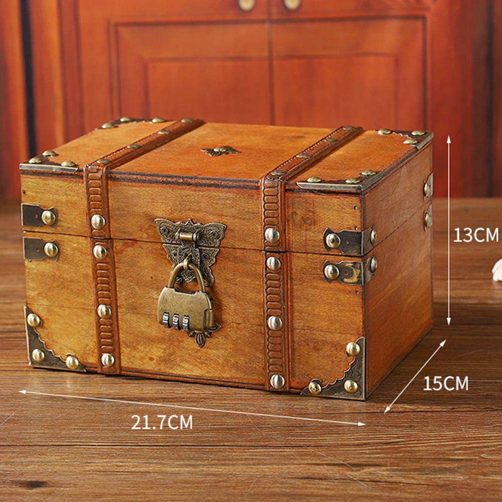 Vintage Wooden Desktop Storage Box Lock Jewelry Key Password Treasure Storage Box With Metal Lock Organizer Retro Decorative