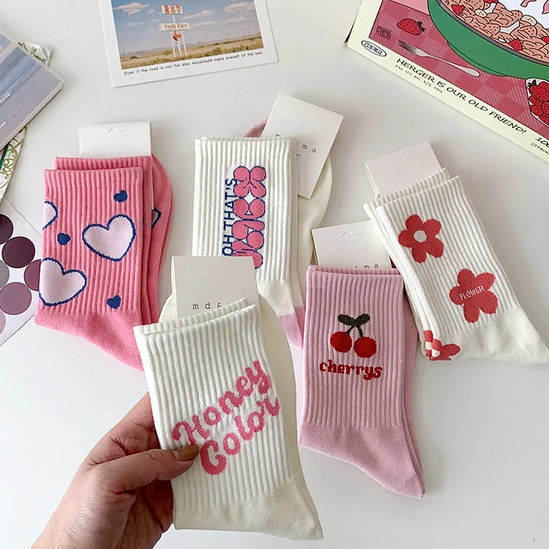 5 Pairs Pink Flower Women Socks Fashion Cute Sweet Harajuku Cotton Socks Casual Korea Japanese Kawaii Girls Calcetines