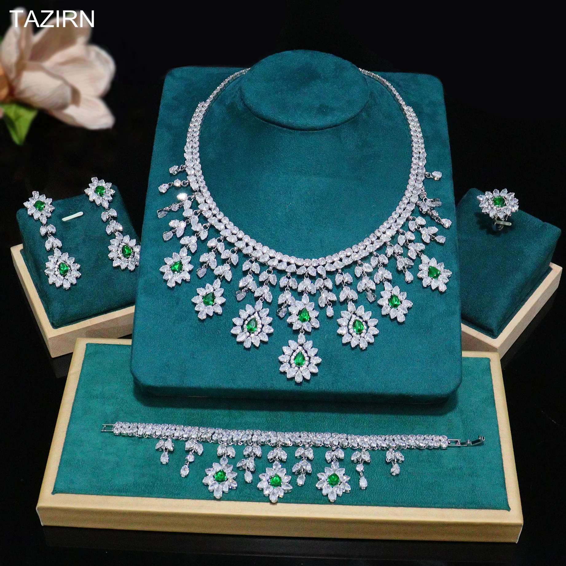 Luxury Full Zircon Nigeria Flower Design Jewelry Set  for Women Wedding 4Pcs CZ Big Necklace Bracelet Dangle Earrings and Rings