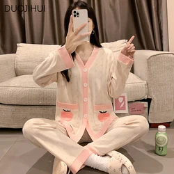 DUOJIHUI Two Piece V-neck Chic Button Cardigan Loose Women Pajamas Sets Basic Sweet Simple Casual Pant Fashion Female Sleepwear