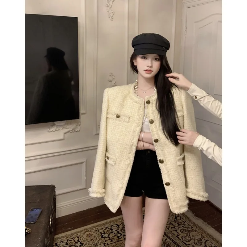 

Женский свободный универсальный топ из твида ручной работы в стиле ретро, осенний модный длинный свек средней длины с застежкой на одной пуговице