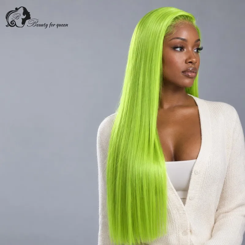 Neon Green Lace Front Human Hair Wigs 13x4 Bone Straight Pre Plucked Hairline 180% 200% Density 22-36 Inch For Women