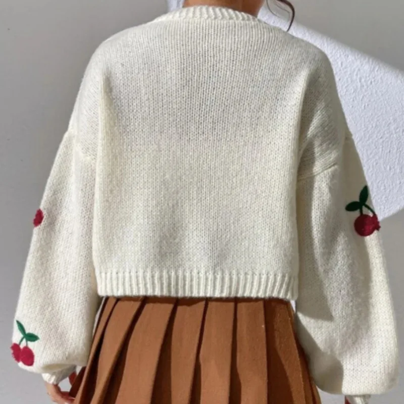 Women Sweaters Cardigan Long Sleeve Knitted Coats Spring Autumn Cherry Embroidery Jackets Elegant Female Casual Loose Knitwear