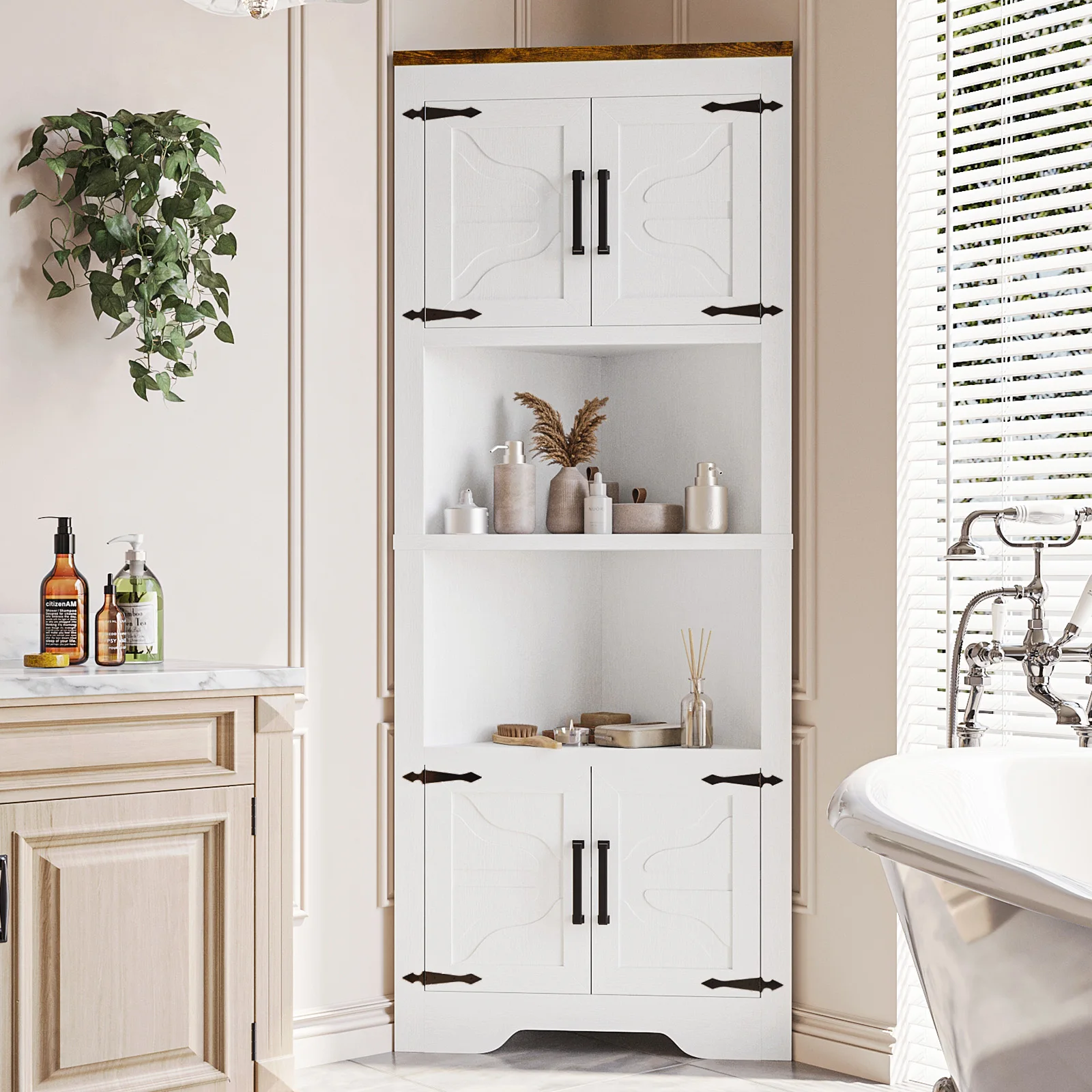 66" Tall Farmhouse Corner Cabinet, 5-Tier Storage Cabinet with 4 Barn Doors & Adjustable Shelves, Bathroom Cabinet with Storage