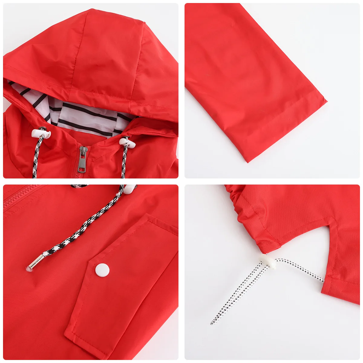 

Women's Red Waterproof Hooded Jacket, Fashion Casual Coat Waist Drawstring Tie Zipper Switch Blue Green Yellow Black Windbreaker