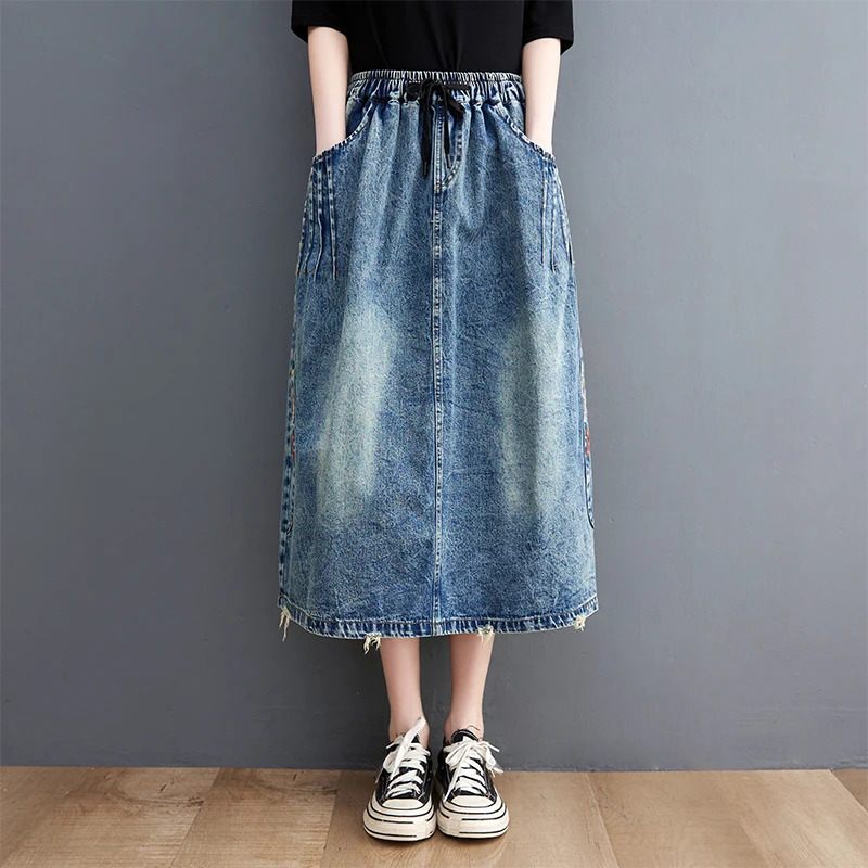 Vintage Embroidery Floral Denim Skirts Women Casual Loose Elastic High Waist A-Line Jeans Midi Skirt Lace-up Jupe Longue Femme