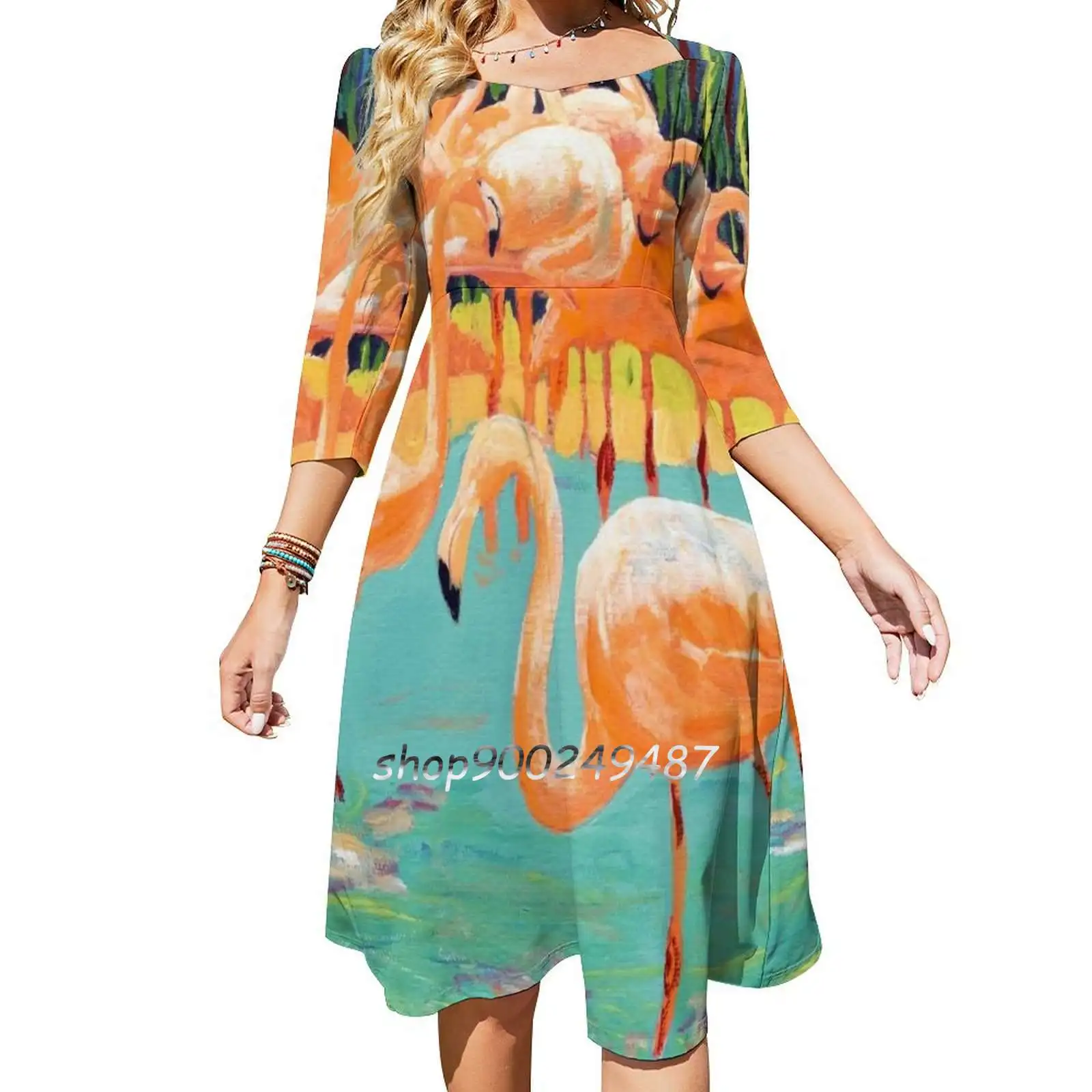 Bathing Beauty Flamingo'S Long Sleeve Sexy Dresses For Women 2022 Ladies Vintage Elegant Party Dress Blues Greens Flamingo