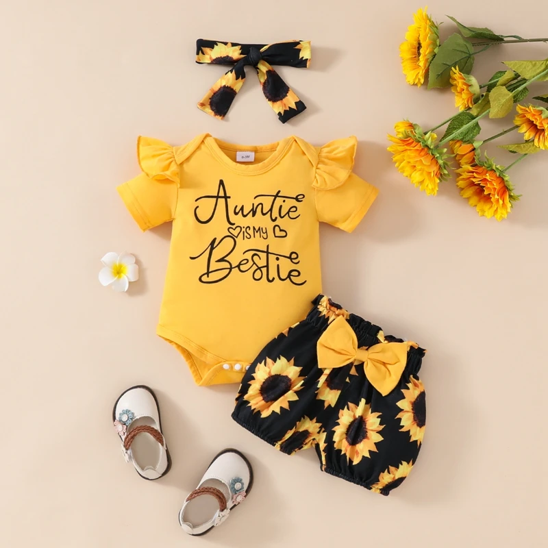 Ropa de verano de 3 piezas para niña, Mono de manga corta con estampado de letras, pantalones cortos con estampado de girasol, diadema